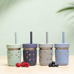 Stainless Steel Cups | 10 oz Mason Jar design | Kids & Toddler Cups with Silicone Sleeves & Straws with Stopper | Smoothie Cups