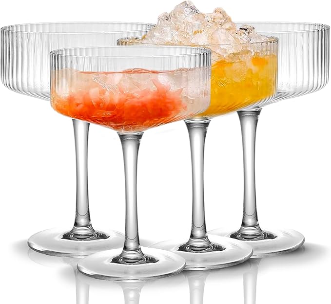 4 Pcs Ribbed Coupe Glasses, 10 oz Vintage Cocktail Coupe Glasses Set, Unique Martini Glass, Classic Cocktail Galssware, Bar Drinking Glasses Set Pefect for Cocktail, Wine, Champagne & Gift