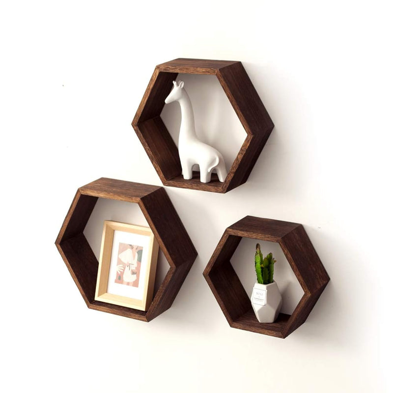 Coral Flower Rustic Wall Mounted Hexagonal Floating Shelves – Set Of 3 – Large,