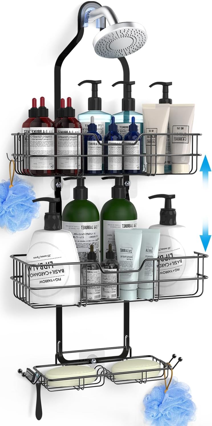 Shower Caddy Over Shower Head,Height Adjustable Shower Organizer Hanger Storage Rack Shelf For Inside Rustproof Bathroom Wall Basket With Soap Shampoo Holder Organization Black