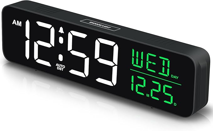 Large Display Digital Alarm Clock for Bedrooms, Date Day of Week Temp Desk Table Clocks for Living Room Office, Dimmable Plug in Electric Clock, 5 Volumes, Loud, Auto DST