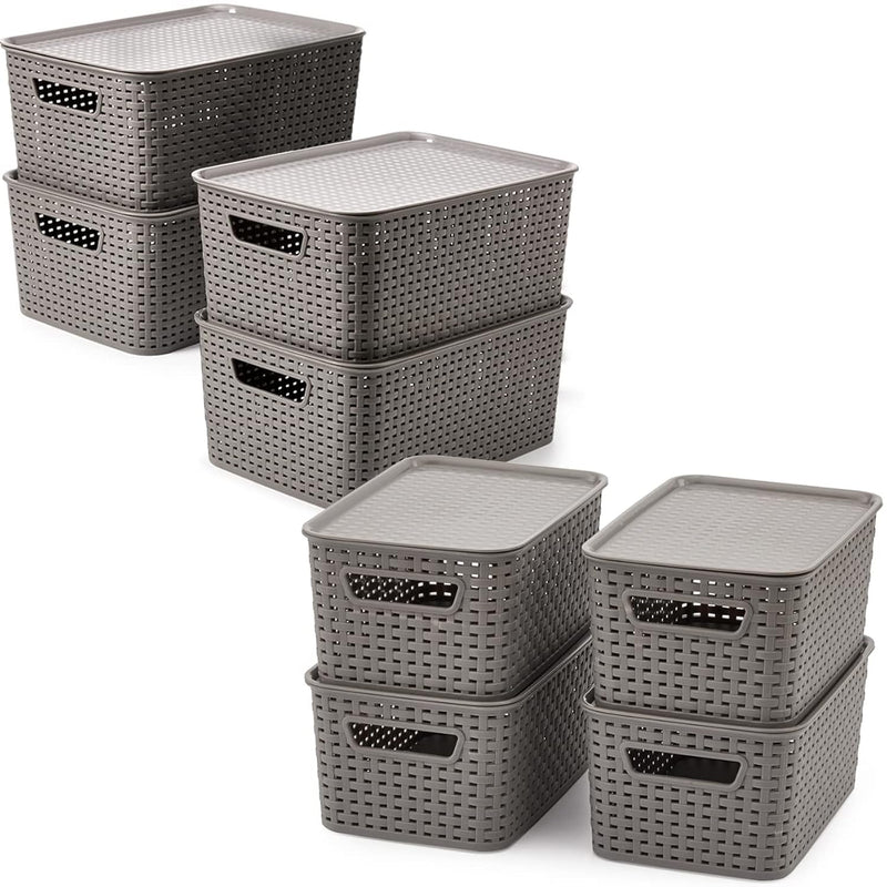 Set Of 8 Lidded Storage Bins, Large Plastic Stackable Weaving Wicker Basket Box