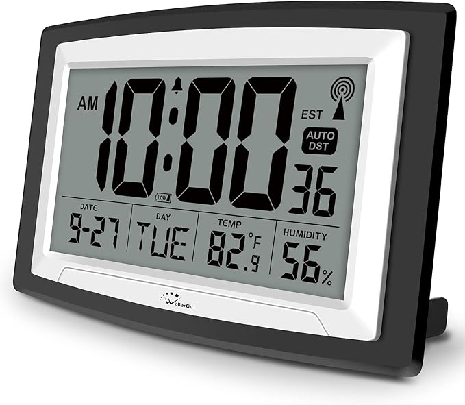 Atomic Clock with Indoor Temperature and Humidity, 12.5 Inch Self-Setting Digital Wall Clock or Desk Clock, Battery Operated Digital Clock Large Display for Seniors, Auto DST