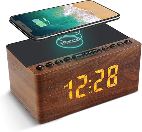 Digital LED Alarm Clock FM Radio, Fast Wireless Charger Station for iPhone/Samsung Galaxy, 5 Level Dimmer, USB Charging Port, 2 Sounds, Sleep Timer for Bedroom, Bedside, Desk - Wood