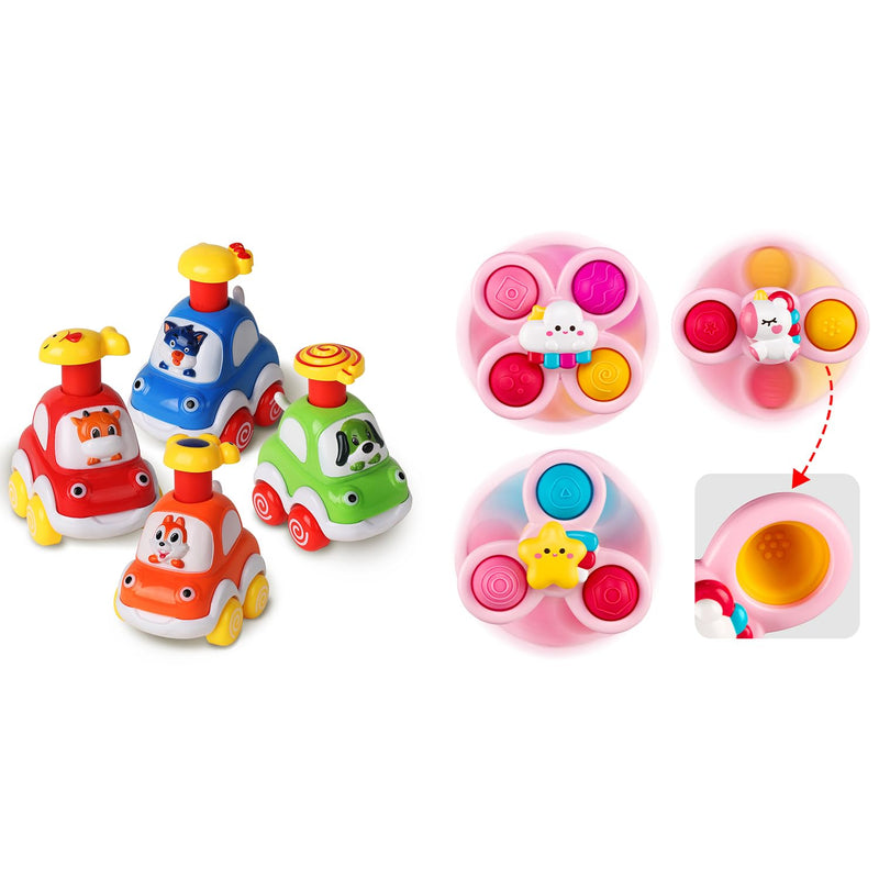 4 Pcs Animal Car Toys And 3 Pcs Suction Cup Spinner Toys For Infant And Toddle