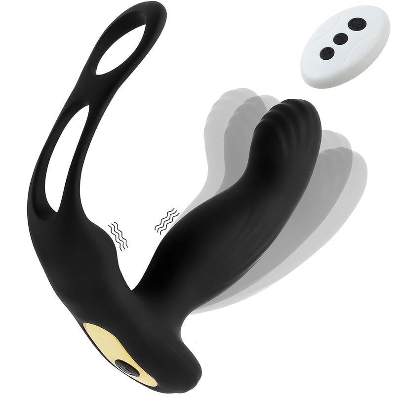 Prostate Massager Wiggling Anal Vibrator- 10 Wave Motion &10 Vibration Modes Smart Heating Anal Plug With Ball & Cock Rings,Remote Vibrating Sex Toy For Male And Couple|Black