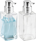 Glass Refillable Foaming Hand Soap Dispenser Modern Square Pump Bottle for Bathroom Vanities or Kitchen Sink, Countertops - 2 Pack - Clear/Chrome