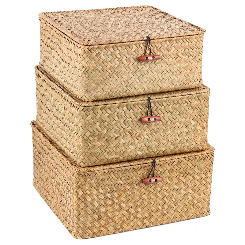 3 Pack Cube Seagrass Storage Bins With Lids, Rattan Woven Decorative Storage Box