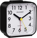 Small Battery Operated Analog Travel Alarm Clock Silent No Ticking, Lighted on Demand and Snooze, Beep Sounds, Gentle Wake, Ascending Alarm, Easy Set (Black)