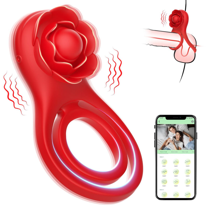 Vibrating Cock Ring Adult Sex Toys,Penis Ring Couples Sex Toys,Rose Adult Sex Toys For Men 10 Vibration Modes With App Remote Control Vibrator,Male Sex Toy With Rose Clitoral Stimulator