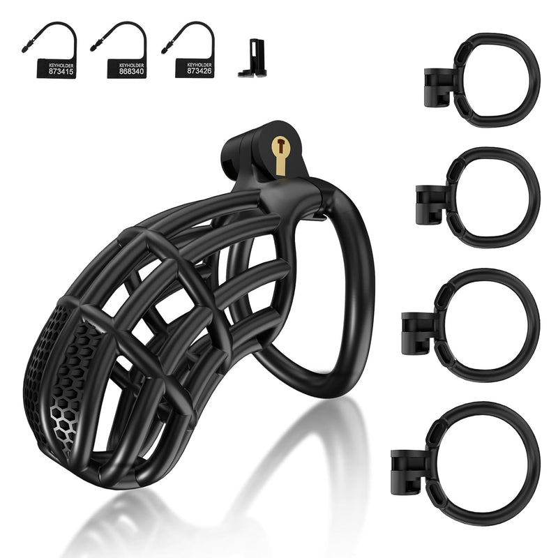 Male Chastity Device Cock Cage - Large Plastic Chastity Cage For Man Penis Exercise 3D Printed Bondage Gear & Accessories Lightweight Adult Sex Toy With 4 Sizes Rings Invisible Lock And Key