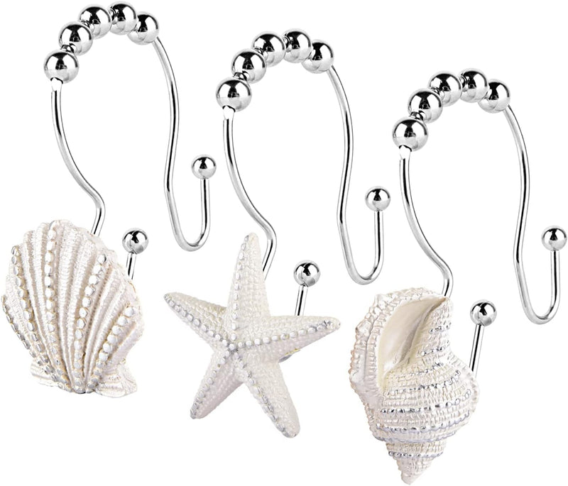 Decorative Shower Curtain Hooks,FINROS 12 Pcs Seashell Double Glide Shower Curtain Hooks for Bathroom and Living Room (White Seashell)