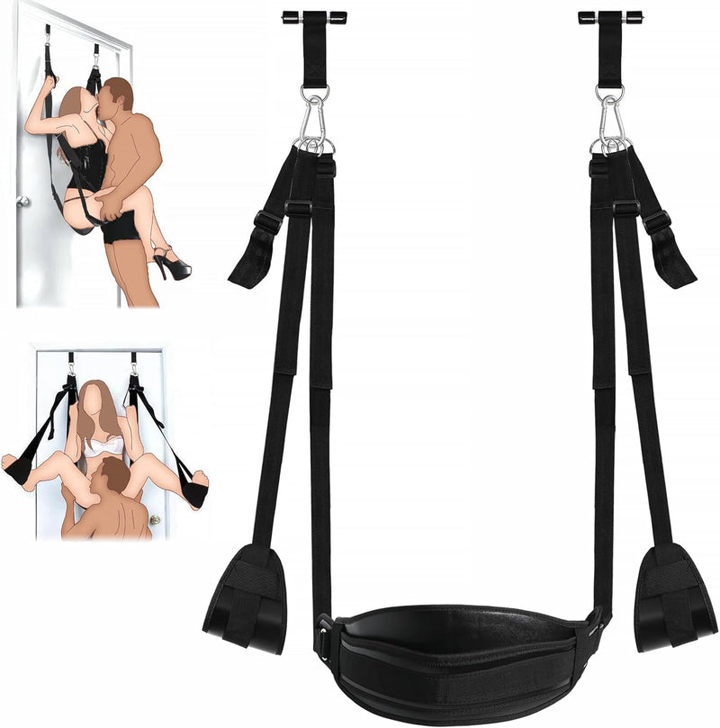 BDSM Door Sex Swing with Seat, Bondage Slave Leather Soft Plush Sex Slings with Adjustable Straps, Hanging Door Handcuffs Leg Restraints Spreader Kinky Adult Sex Toys for Couple, Holds up to 300lbs