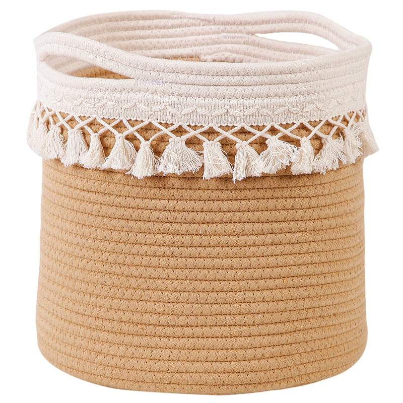 Boho Basket With Cute Macrame Woven Tassel, Cotton Rope Storage Bins Organizer F