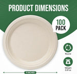 Plates 9 Inches, 100 Pack Disposable Plates For Party – 100% Compostable Plates, Water & Oil Proof Paper Plates, Microwavable Paper Plates Bulk - Brown