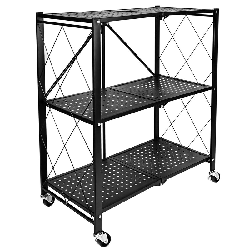 3-Tier Heavy Duty Foldable Metal Rack Storage Shelving Unit With Wheels Moving E