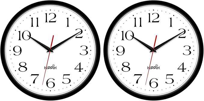 2 Pack Silent Wall Clock, 10 Inch Non Ticking Quiet Digital Sweep Decorative Battery Operated Wall Clocks for Living Room Bedroom Kitchen School Office Decor, Black