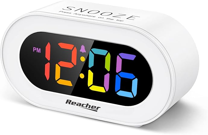 Small Colorful LED Digital Alarm Clock with Snooze, Simple to Operate, Full Range Brightness Dimmer, Adjustable Alarm Volume, Outlet Powered Compact Clock for Bedrooms, Bedside, Desk, Shelf