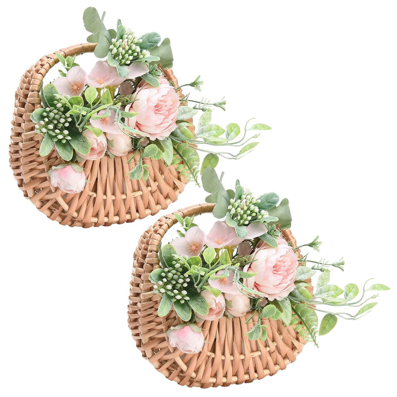 2Pcs Half-Moon Mini Straw Rattan Baskets, Hand-Woven Flower Basket With Handle,