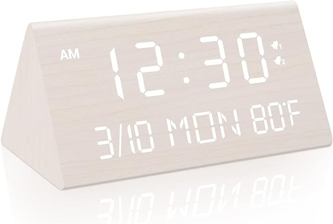 Wooden Digital Alarm Clock, 0-100% Dimmer, 2 Alarm Settings, Weekday/Everyday Mode, 9 Mins Snooze, 12/24H, Temperature and Date Display for Office, Travel, Bedroom Alarm Clock (White)