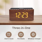 Digital LED Alarm Clock FM Radio, Fast Wireless Charger Station for iPhone/Samsung Galaxy, 5 Level Dimmer, USB Charging Port, 2 Sounds, Sleep Timer for Bedroom, Bedside, Desk - Wood