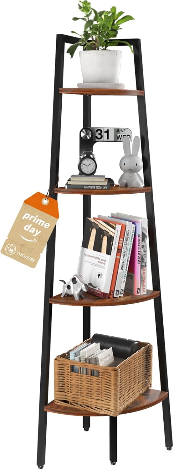 4-Tier Corner Bookshelf with Metal Frame - Ladder Display Shelf for Bedroom and Living Room, Tall Wood Corner Bookcase and Plant Stand