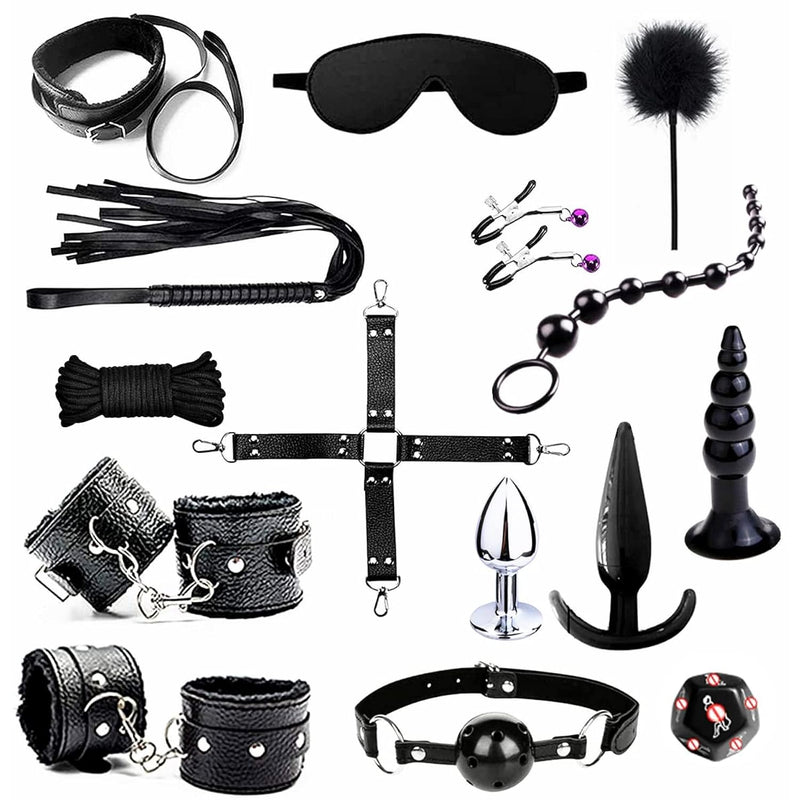 Bdsm Restraints Sex Toys 15 Pcs Bondage Restraints Kits Fetish Bed Restraints Set For Beginners Sm Adult Games Cuffs Gag Blindfold Spanking Paddle Black