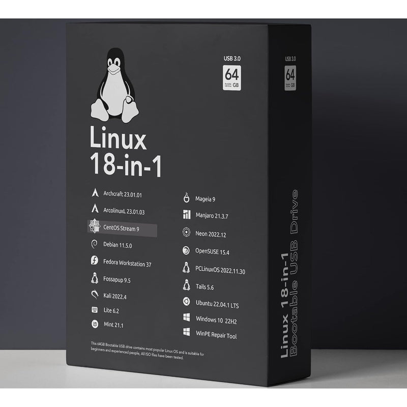 64Gb - 18In1, Bootable Usb Drive 3.0 For Linux & Windows 10, Mint 21 | Kali 2022.4 | Ubuntu 22.04.1 Lts | Opensuse 15.4 | Tails 5.6 | Debian 11.6 | Centos 9 | Winpe, Supported Uefi And Legacy