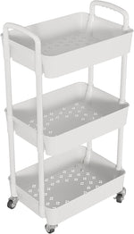 3-Tier Storage Cart,Multifunction Kitchen Storage Organizer,Mobile Shelving Unit Utility Rolling Cart with Lockable Wheels for Bathroom,Laundry,Living Room,With Classified Stickers,White