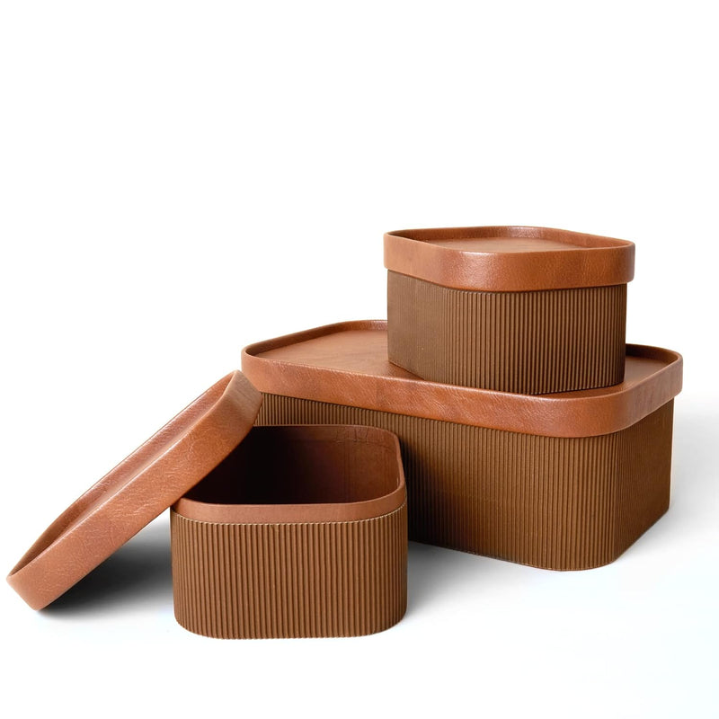 Fluted Cardboard Storage Baskets With Leather-Like Lids, Sturdy Stackable Paper