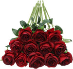 Red Roses Artificial Flower, 12Pcs Realistic Long Single Stem Fake Silk Red Roses Bouquet for Party Home Wedding Centerpiece Hotel Office Christmas Decor（Burgundy）