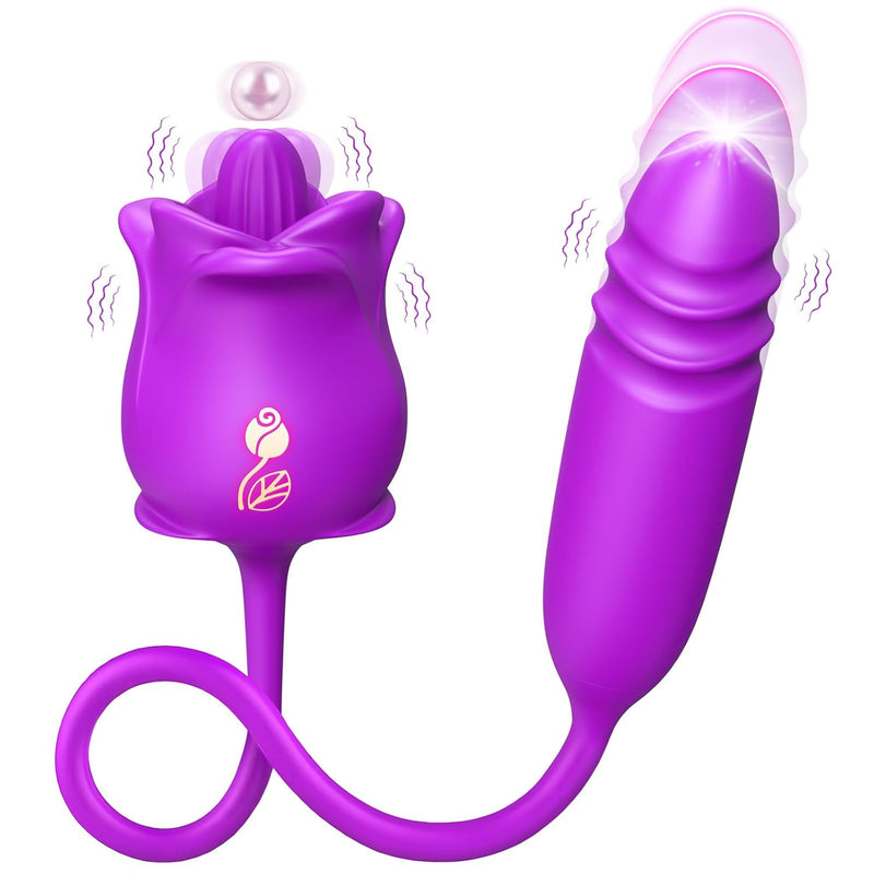 Rose Sex Toys For Women, 3 In 1 Rose Sex Stimulator For Women With Tongue Licking Vibrator & Thrusting Dildo, Female Sex Toys G Spot Clitoral Nipple Vibrator, Adult Sex Toys For Women