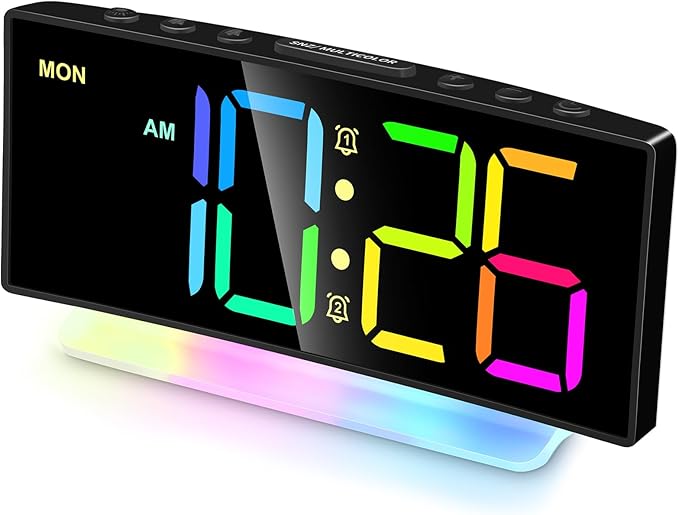 Extra Loud Alarm Clock for Heavy Sleepers Adults,Teens,Kids,Rainbow Clock for Bedrooms,Small Bedside Digital Clock with Large Display,7 Color Night Light,12/24h(Black+Dynamic)