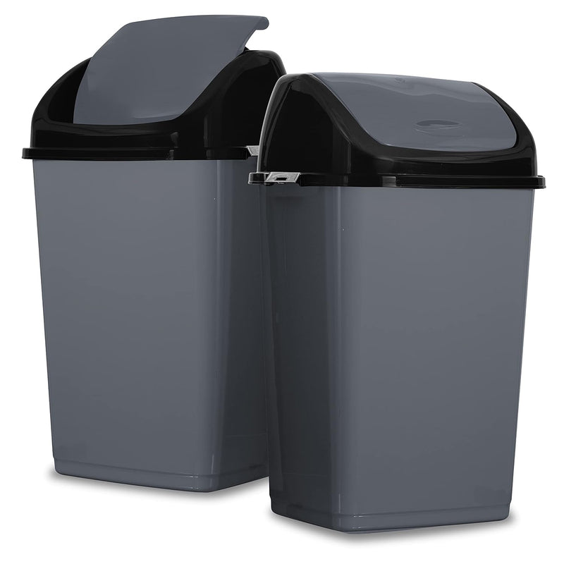 13 Gallon Plastic Swing Lid Trash Can, Grey/Black 2 Pack, Ideal For Home, Office