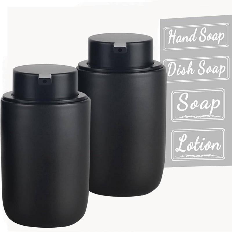 Black Soap Dispenser Set - 2 Pack 12oz Ceramic Dish Soap Dispenser with Rust Proof Pump for Kitchen, Hand Soap and Lotion Set Suitable for Farmhouse Bathroom Decor with Waterproof Labels