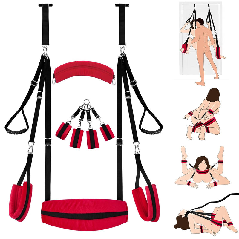 5 In 1 Sex Swing Bdsm Bondage Restraints Kit Door Swing And Sex Restraints Wrist And Thigh Ankle Restraint Sex Toys (Red)