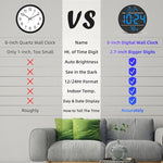 Digital Wall Clock with Large LED Display, Auto-Brightness, Temperature, Low-Reflectivity, Small Silent Non-Ticking Modern Electric Wall Clock for Bedroom, Living Room, Office, Classroom, Farmhouse