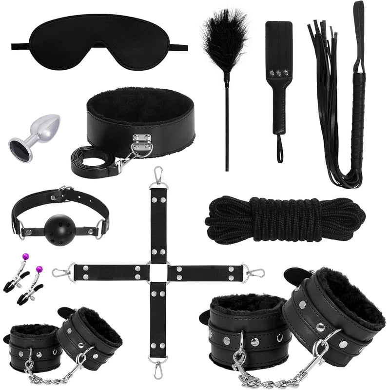 12 Pcs Sex Bondage Bdsm Restraints Kits Fetish Handcuffs Ankle Cuff Collar Blindfold Whip Rope Nipple Clamps Paddle Anal Toys Ball Gag Adult Games Foreplay Sexy Toys For Couples (Black)