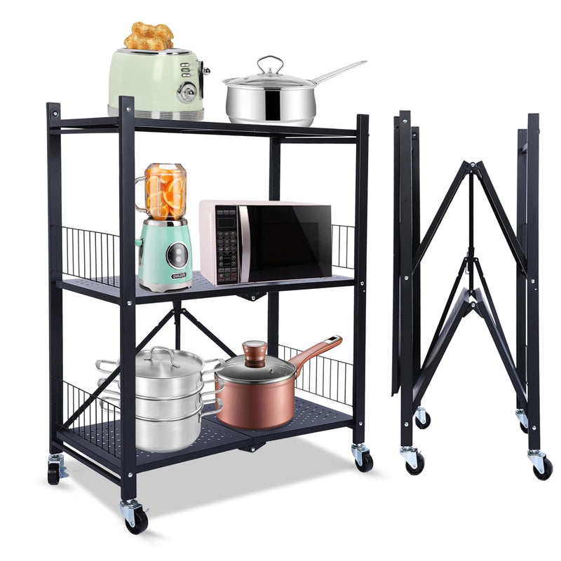 3-Tier Foldable Storage Shelving Kitchen Storage Shelves Wth Wheels Moving Frees