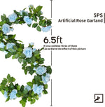 5Pcs 32.5FT Blue Flower Garland Fake Flower Vines Faux Artificial Floral Garland Hanging Rose Ivy for Wedding Decortions Arch Garden Ceremony Background Outdoor Wall Decor