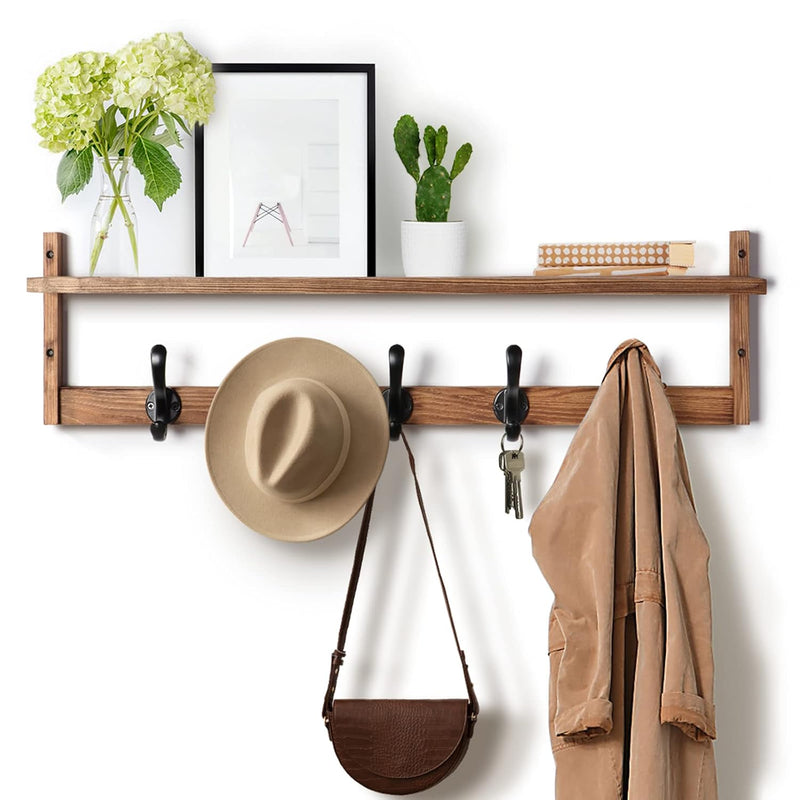 29'' Coat Rack Wall Mount With Shelf, Wood Wall Hooks With Storage, Entryway She