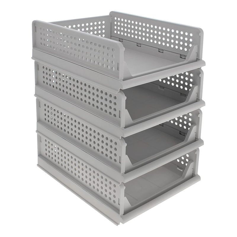 Stacking Drawer Organizer - 4Pc Gray Plastic Stackable Drawers - Front Opening S