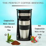 Personal Single Serve Coffee Maker & 14oz Travel Mug, Drip Small Coffee Maker & Tumbler, Auto Shut Off & Reusable Filter, Compatible with Coffee Grounds