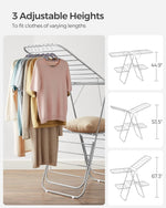 Clothes Drying Rack, Foldable 2-Level Laundry Drying Rack, Free-Standing Large Drying Rack, with Height-Adjustable Wings, 33 Drying Rails, Sock Clips, Silver and White ULLR053W01