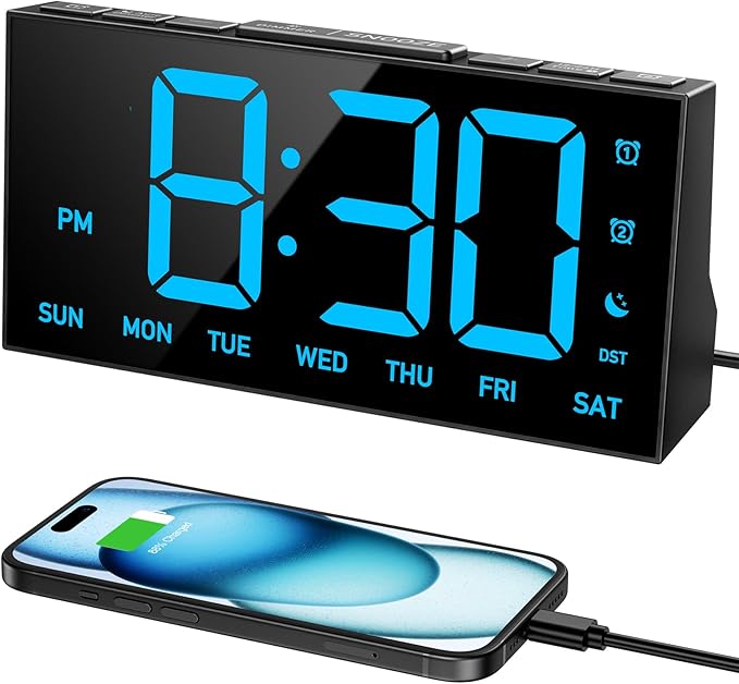 Digital Alarm Clocks for Bedrooms, Digital Clock with 4 Level Brightness +Off, Dual Customizable Alarms, USB Port, Power-Off Memory, Snooze, DST, 12/24H, Desk Clock for Kids Adults Elderly