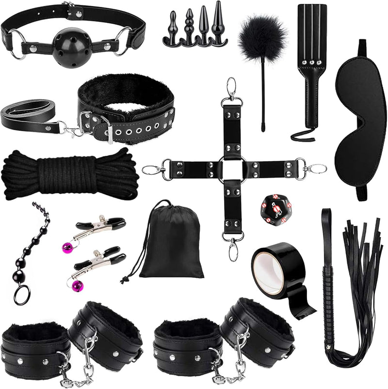 BDSM Bondage Restraints Kit, 23PCS Upgrade Leather Sex Toys Sets, Sex Accessories for Adults Couples with Storage Bag, Body-Safe Sexual Pleasure Tools for Women and Men