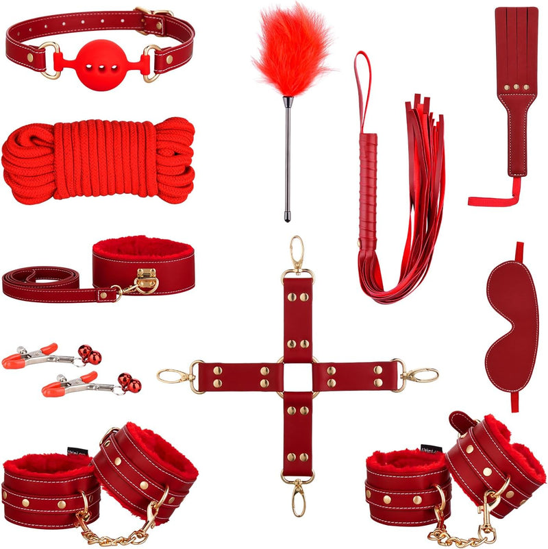 Sex Bondage BDSM Kit Restraints - Upgrade 11PCS Sets with Adjustable Handcuffs Collar Ankle Cuff Blindfold Feather Tickler Adult Games Sex Toys for Men Women and Couples Foreplay | Red