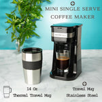 Personal Single Serve Coffee Maker & 14oz Travel Mug, Drip Small Coffee Maker & Tumbler, Auto Shut Off & Reusable Filter, Compatible with Coffee Grounds