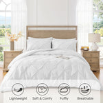 Queen Comforter Set White - Soft Fluffy Pintuck Down Alternative Bedding Set for All Seasons, 3 Pieces Pinch Pleat Solid Bed Set with Comforter, 2 Pillowcases