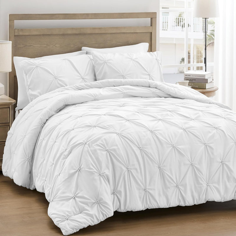 Queen Comforter Set White - Soft Fluffy Pintuck Down Alternative Bedding Set for All Seasons, 3 Pieces Pinch Pleat Solid Bed Set with Comforter, 2 Pillowcases